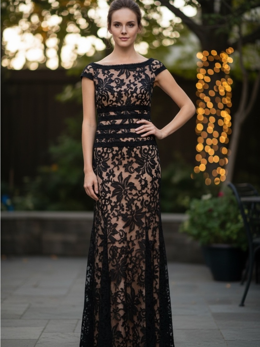 Tadashi Shoji Black Lace Maxi Gown with Nude Illusion